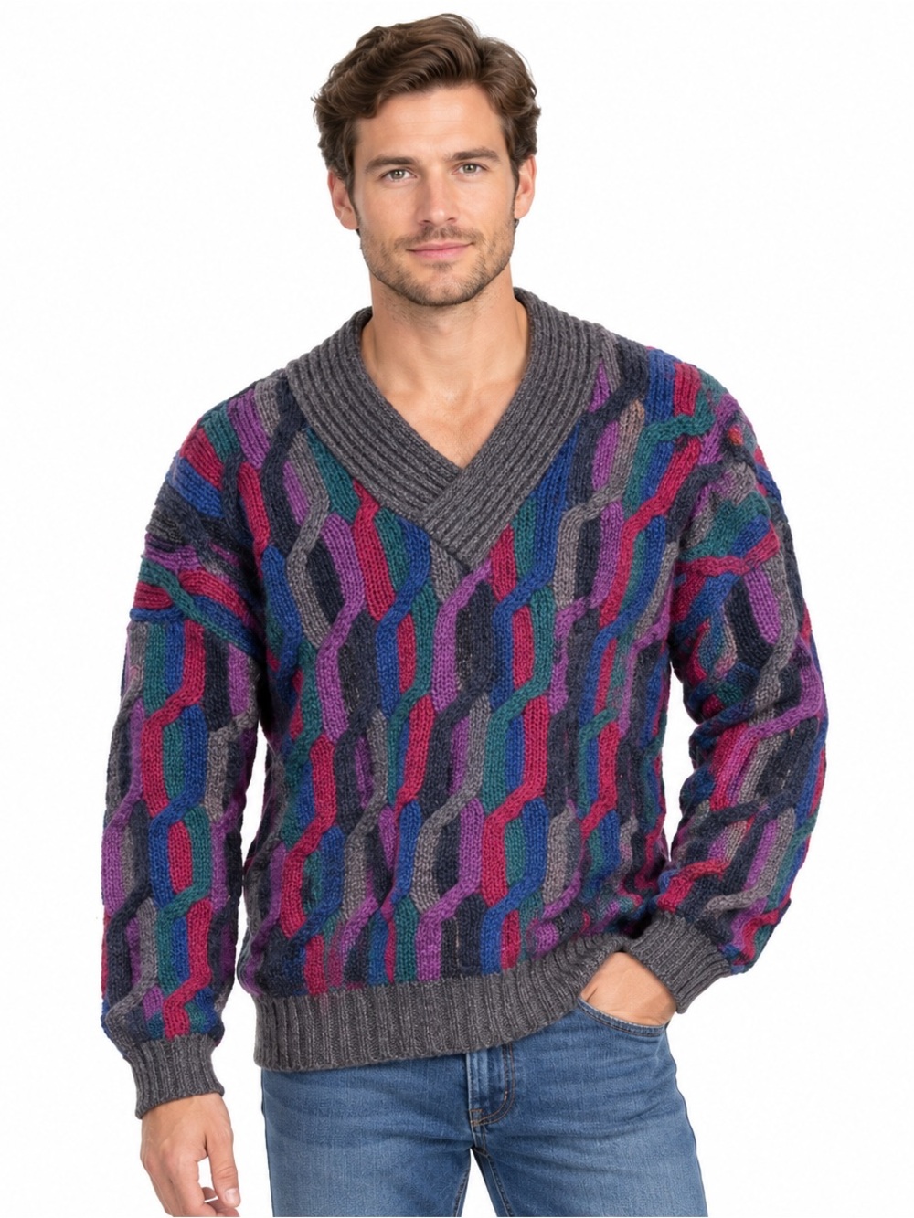 Vintage Mens Boston Traders 100% Wool 1990s Coogi Style Sz L multicolor sweater